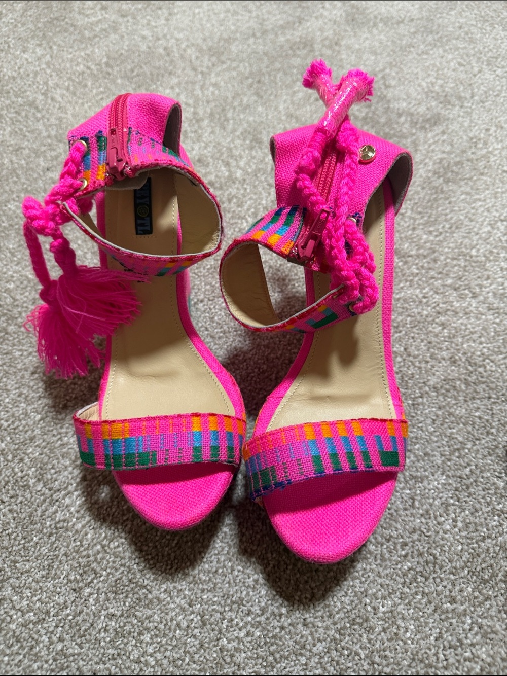 Peyotl WHot Pink Tassel Ankle-Strap Heels with Multicolor Woven Detail